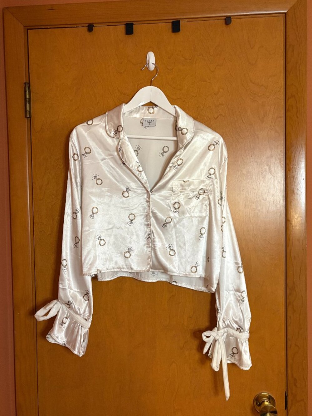 Bella Sleep + Spa Ivory Satin Bridal Pajama Set Ring Print Size S